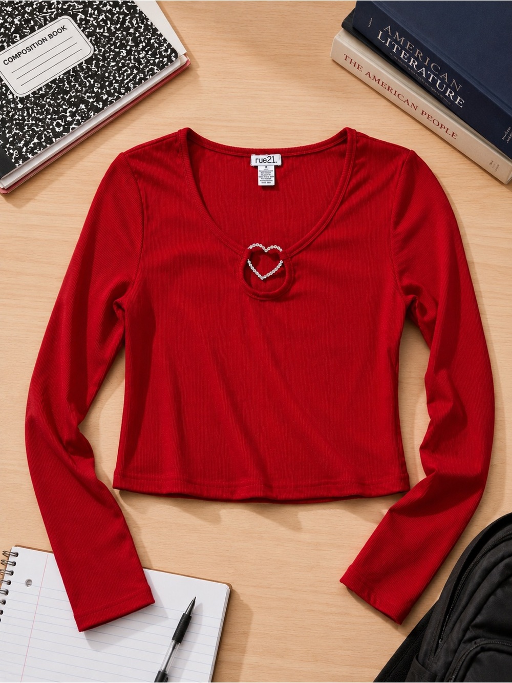 rue21 Red Ribbed Long Sleeve Rhinestone Heart Top‎ Women’s M